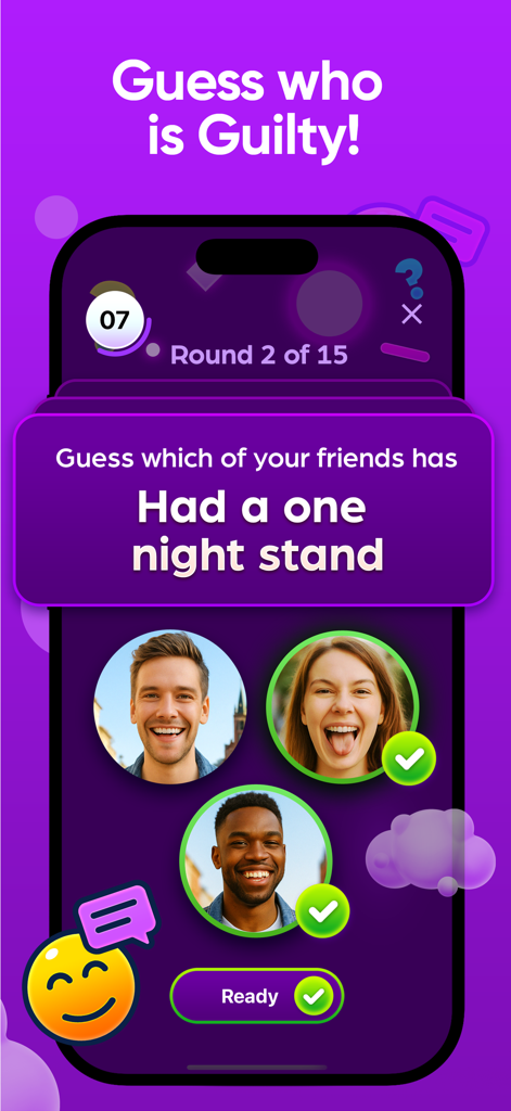 Exposed 2 - Guess who never ? - Exposed 2 game interface showing a prompt to guess which friend had a one night stand with friend profile pictures below