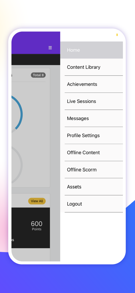 Litmos - Side navigation menu of the Litmos learning app showing professional training options like content library achievements and offline content.