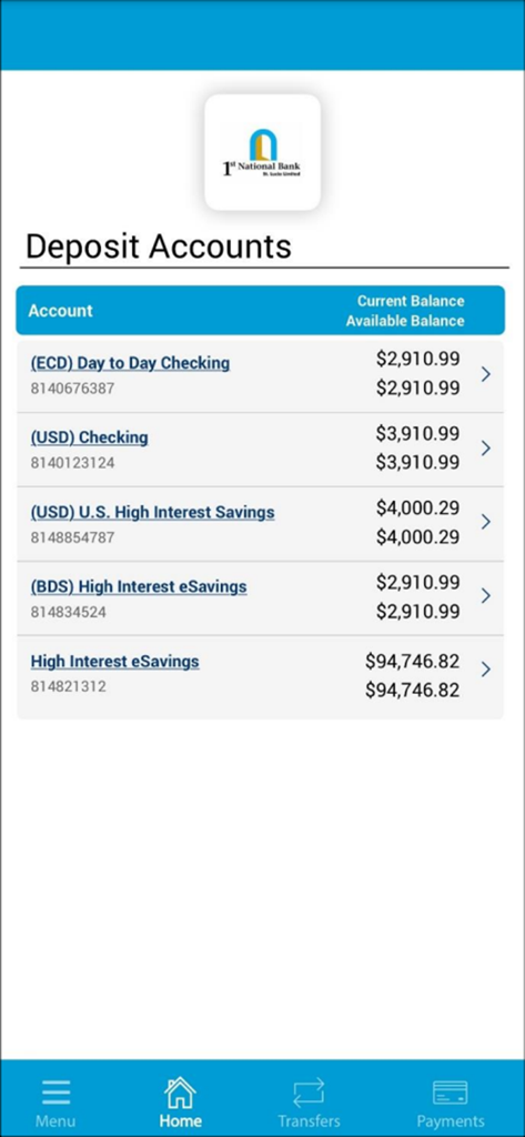 1st National Bank - 1st National Bank mobile app screen showing deposit account summary and current balances