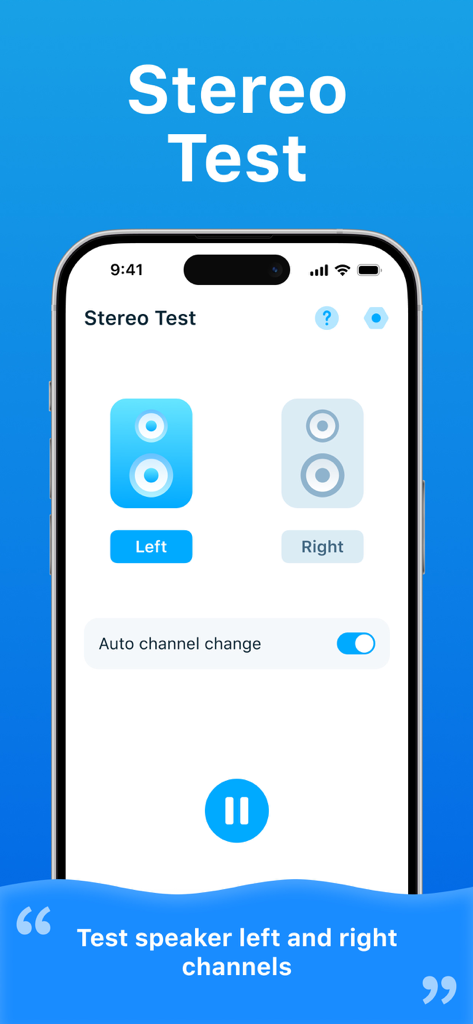 Interface of the Stereo Test feature in the Clear Wave app showing options to test left and right speaker channels on an iPhone.