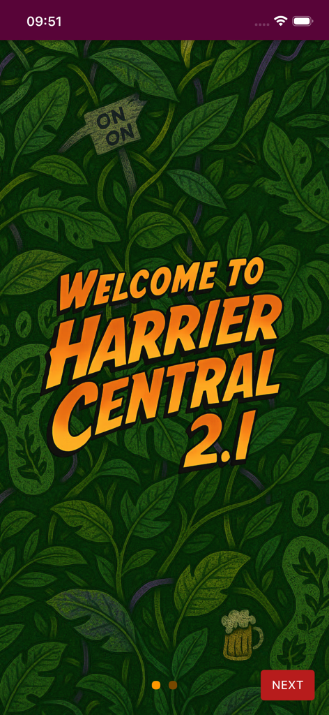 Harrier Central - Tela de boas-vindas do aplicativo Harrier Central com um fundo de folha de selva e sinalização de trilha On On