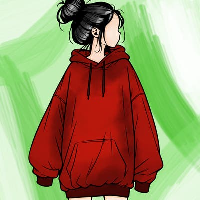 realistic girl with a oversized sweatshirt on and a bun