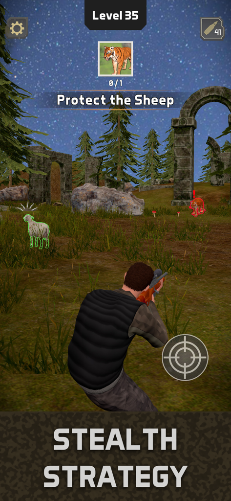 A hunter aiming a rifle at a tiger to protect a sheep in the Animal Hunter Wild Shooting mobile game.