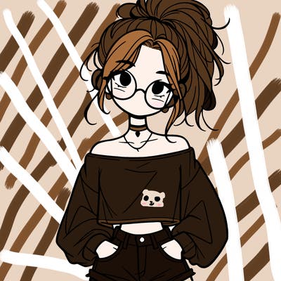 girl with a messy ponytail glasses a baggy crop top and jean shorts