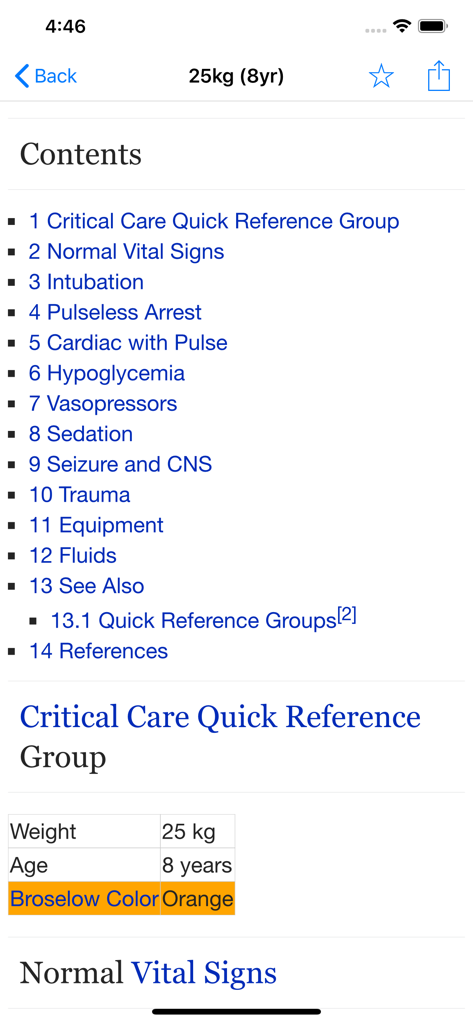 WikEM - WikEM app screen displaying a pediatric critical care reference guide with protocols for vital signs and intubation