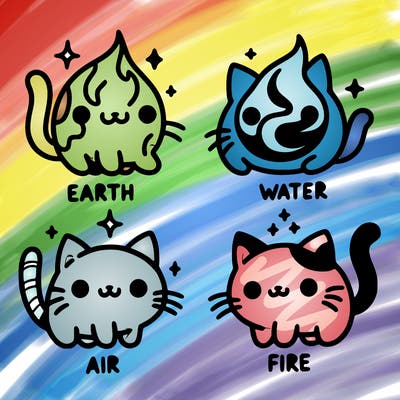 4 cats that represent the different elements, earth, water, air, and fire