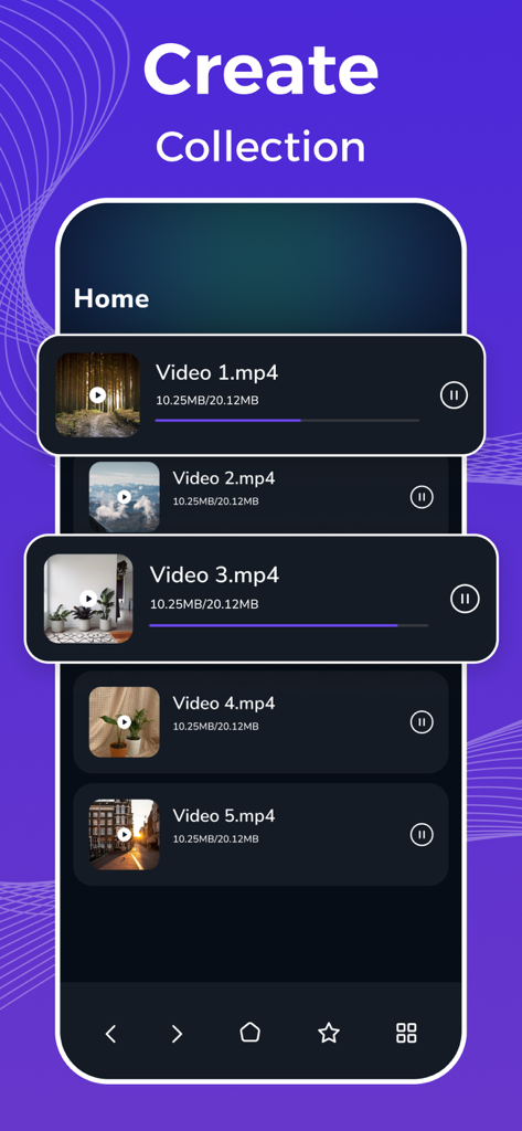 Video Downloader - Video Saver - ビデオダウンローダーアプリのインターフェース。プログレスバーとコレクション作成機能付きの保存されたmp4ファイルのリストを表示。