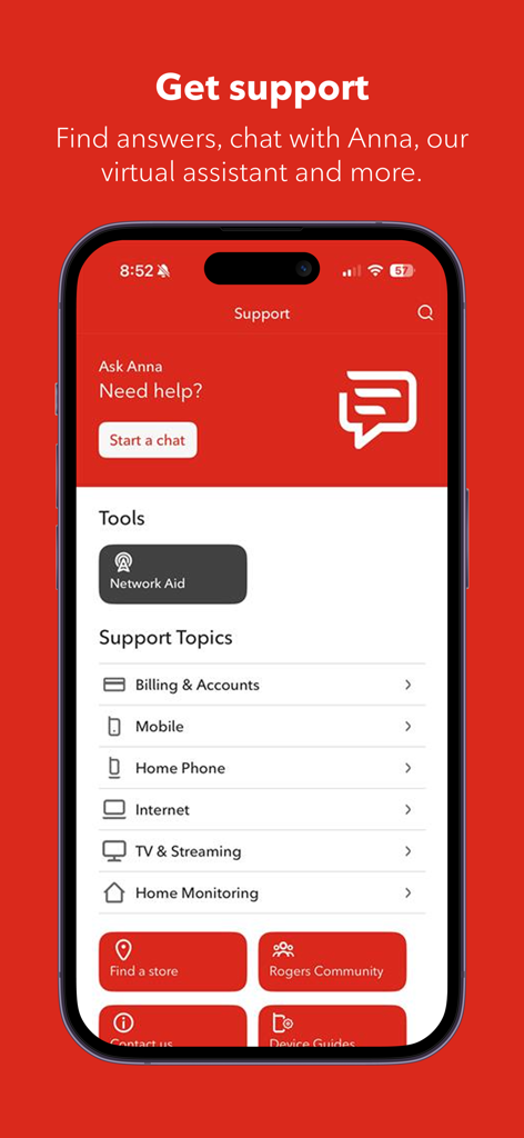 Pagina di supporto dell'app MyRogers che mostra la chat dell'assistente virtuale e gli argomenti di aiuto