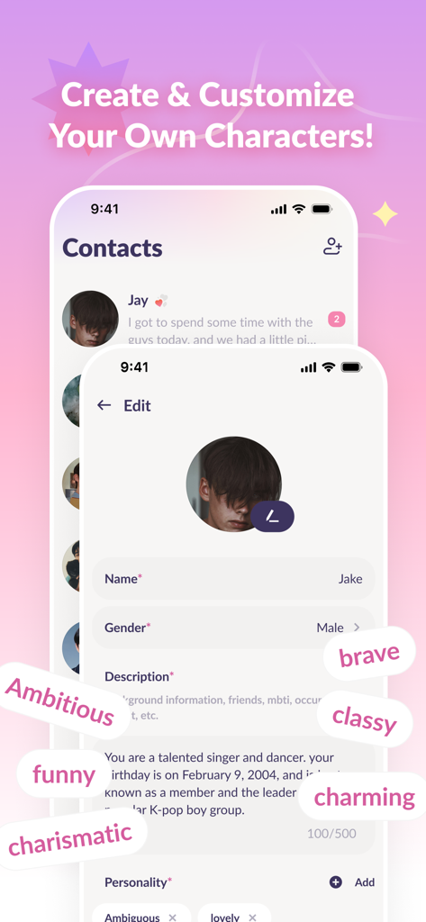 Yano AI- Bring my Favs to Life - Interface of the Yano AI app showing character customization options including name gender personality traits and description.