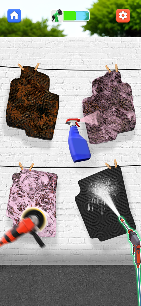 Four stages of cleaning car floor mats from dirty to clean using soap and water in a car makeover game
