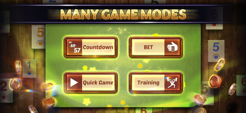 Okey game menu screen showing selection for Countdown Bet Quick Game and Training modes