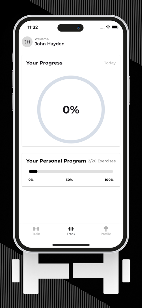 Train Track App - Interface of the Train Track app showing a user progress circle and a personal program tracking bar on an iPhone.