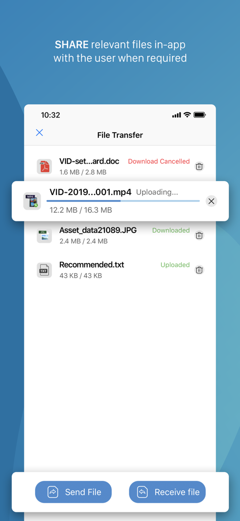 Zoho Assist - Remote Desktop - Interface of the Zoho Assist app showing the file transfer feature with various documents and media being uploaded and downloaded