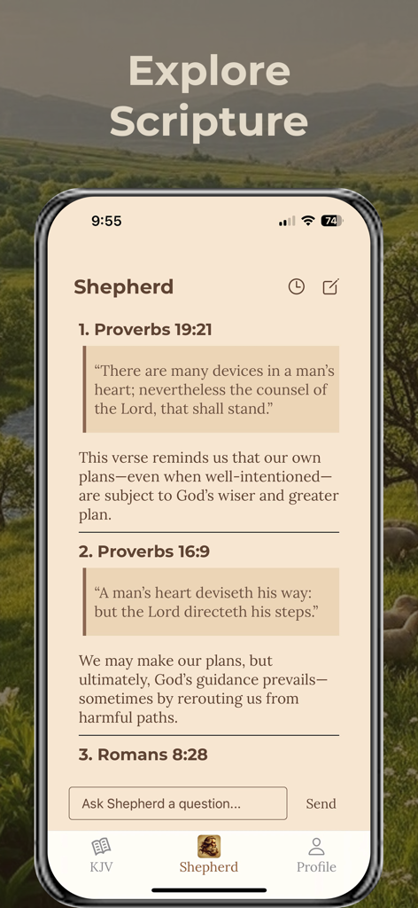 Shepherd Bible App - Una interfaz móvil para la App Bíblica Shepherd que muestra versículos bíblicos con comentarios de IA y un cuadro de preguntas de estudio sobre un fondo de tonos tierra.