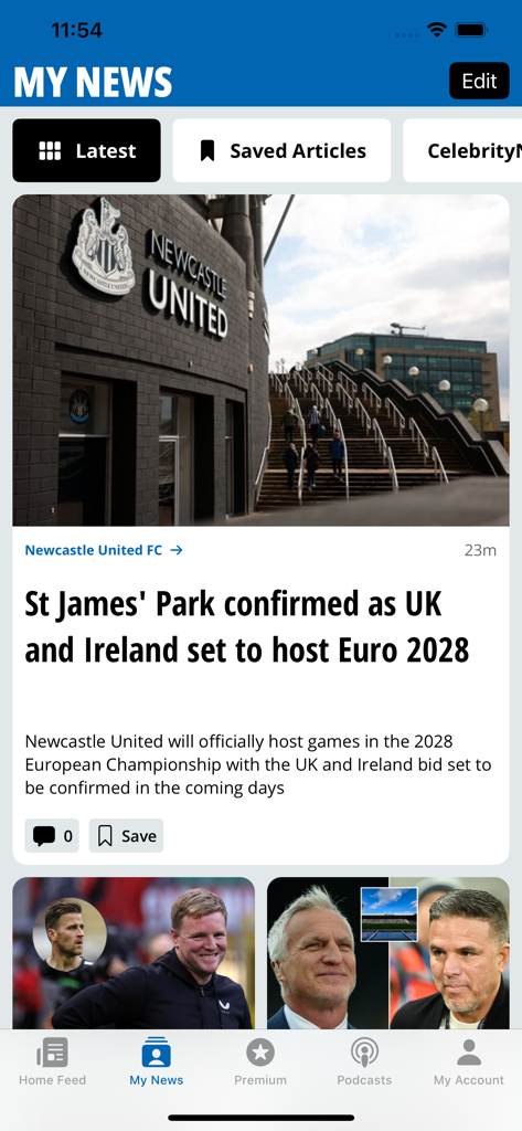 Newcastle Chronicle - ニューカッスル・クロニクルのアプリの「マイニュース」セクション。ローカルスポーツニュースと、セント・ジェームズ・パークがユーロ2028を開催するという見出しが表示されています。