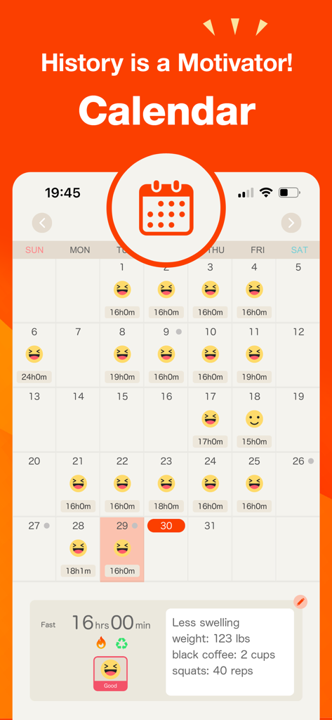 Fasting Timer: 16:8 Tracker - A calendar view in the fasting app showing daily progress, streaks, and personal health notes.