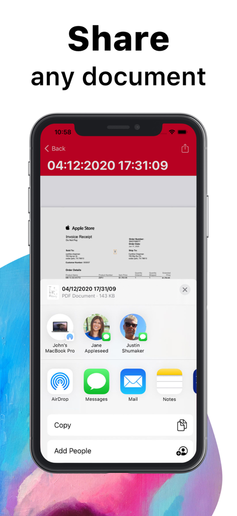 iPhone screen showing the document sharing feature in ScanPlus app
