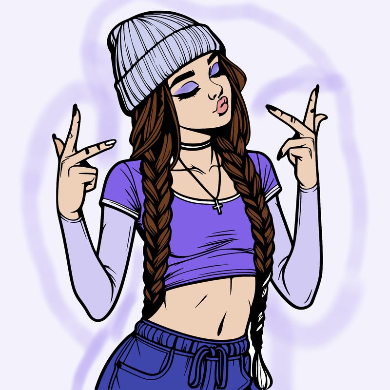 realistic teenage girl with braids and a beanie and crop top doing 🫶🏼