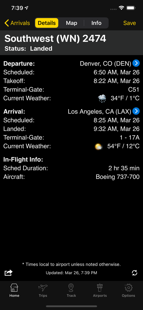 Flight details screen in Flightview app showing Southwest flight status from Denver to Los Angeles including gate and weather info