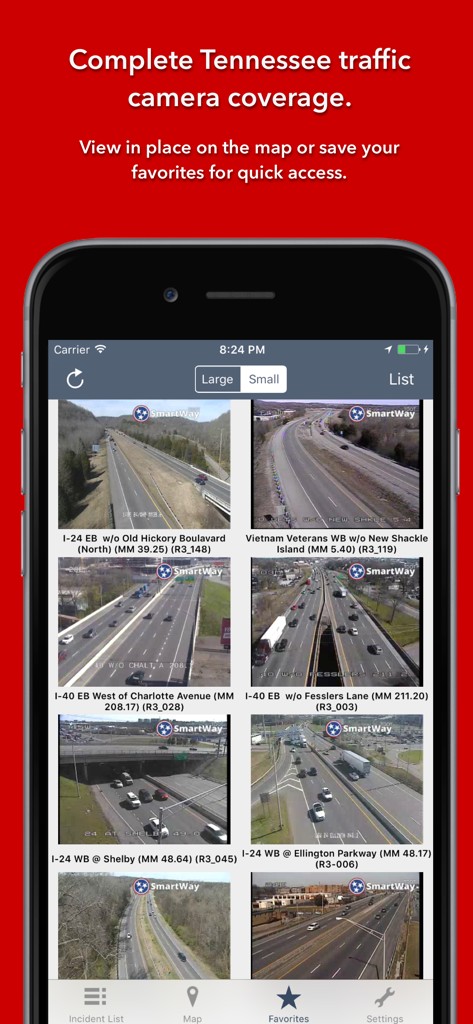 A grid view of favorite live traffic camera feeds on the Tennessee State Roads app.