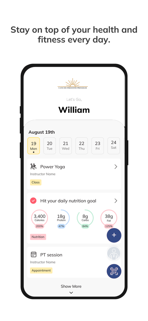 Cancer Freedom - Cancer Freedom app dashboard showing daily health goals nutrition tracking and scheduled fitness activities