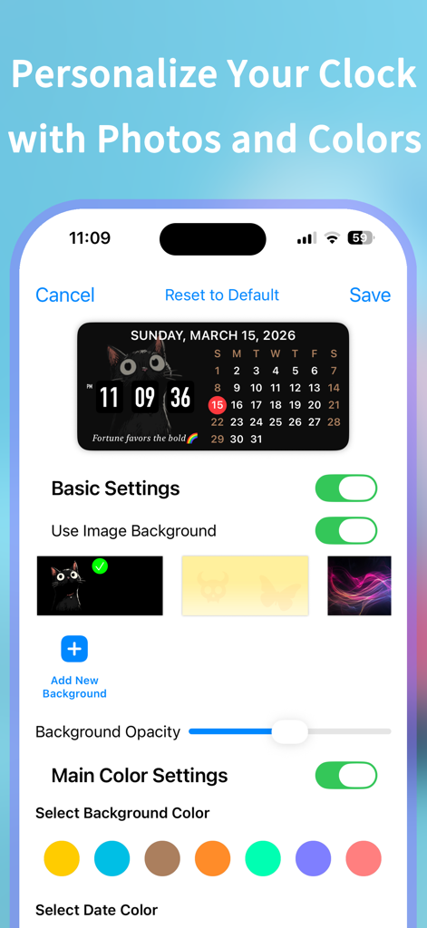 Clock Widget - Ultra HD Time - A mobile app interface for personalizing a clock widget with photos and colors