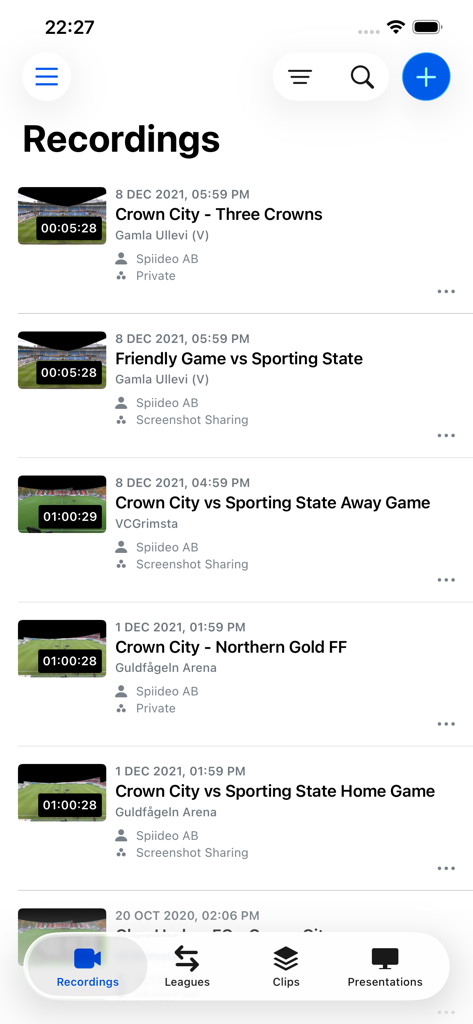 Spiideo mobile app interface displaying a list of recorded sports matches and game footage