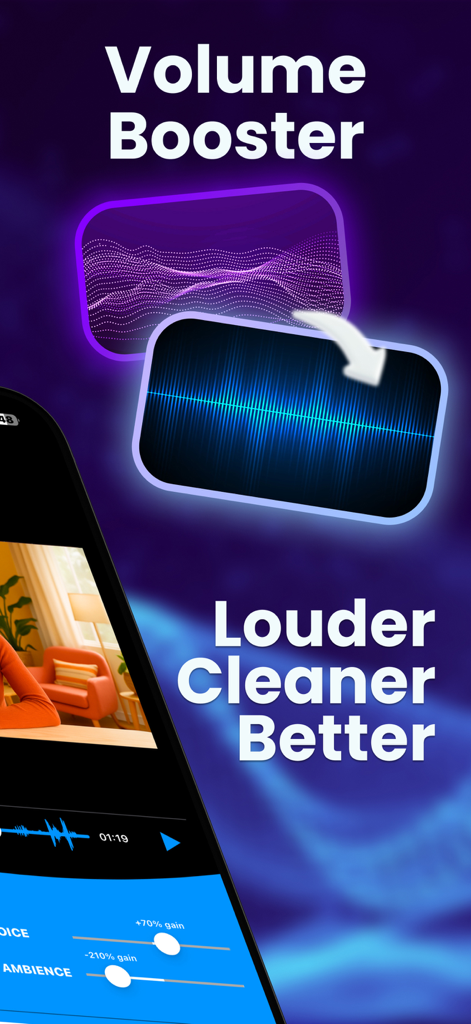 Audio Cleaner: Volume Booster - Audio Cleaner app interface showing volume boost and audio cleanup features with real-time waveform visualization