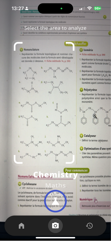 PhotoHelp - Homework Help - Camera interface of PhotoHelp app scanning organic chemistry molecules in a textbook for instant solutions.