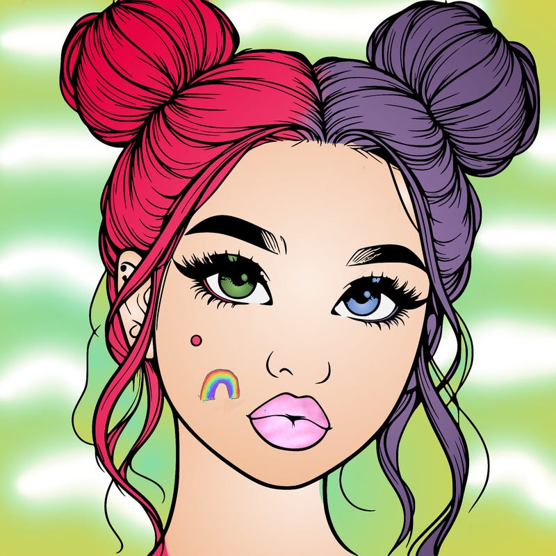 realistic girl with two buns on her hair and lips