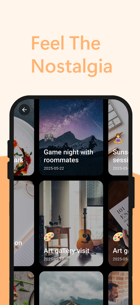 Nostalgia: Journal & Diary - Una cuadrícula visual de entradas de diario con fotos dentro de la aplicación Nostalgia mostrando recuerdos como noches de juegos y visitas a galerías de arte