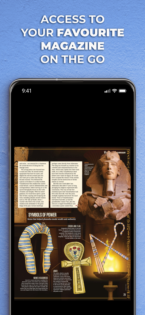 All About History Magazine - Pantalla de smartphone mostrando un artículo de revista de historia digital sobre Tutankamón y símbolos de poder