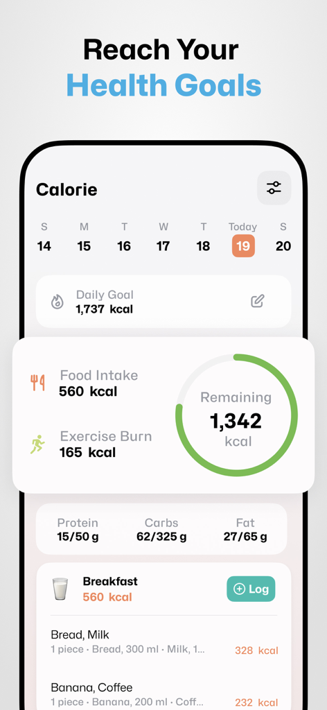 Well Up app dashboard showing daily calorie intake and nutrition tracking with remaining calories ring