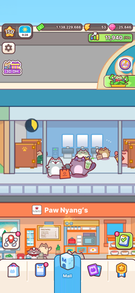 Cat Mall: Idle Shopping Tycoon - Una colorida captura de pantalla del juego móvil Cat Mall que muestra lindos gatos caricaturescos comprando en un centro comercial y visitando una cafetería.