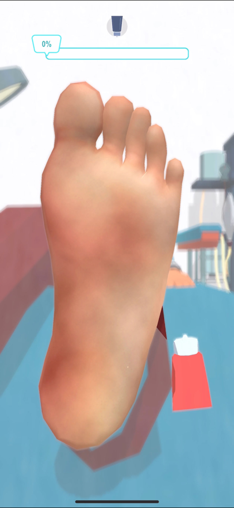 Foot Clinic - ASMR Feet Care - Uma captura de tela do jogo ASMR da Clínica do Pé mostrando um pé e um tubo de pomada médica.