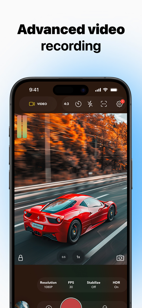 Interfaz de la aplicación Snap Pro Camera mostrando grabación de video avanzada con controles manuales y un coche deportivo rojo.