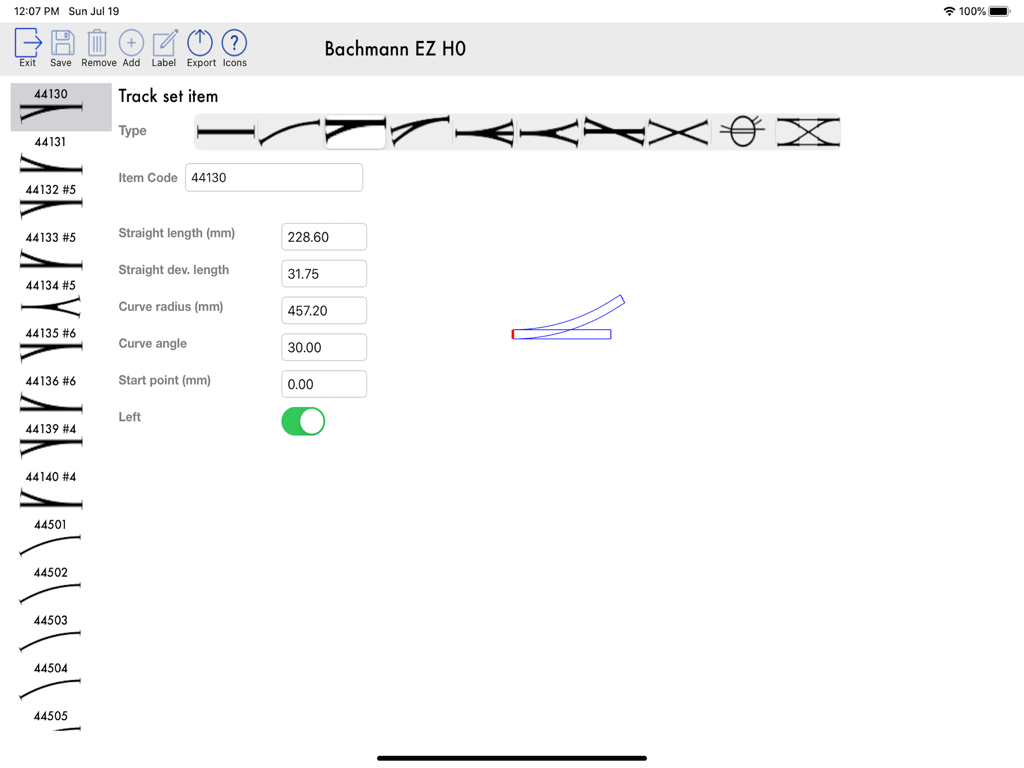 TrainDesign - Interface of the TrainDesign app showing settings for a Bachmann EZ HO model train track piece including length and curve radius