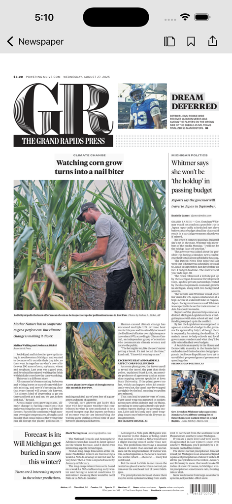 Grand Rapids Press - Digital front page of the Grand Rapids Press online newspaper app showing local Michigan news headlines