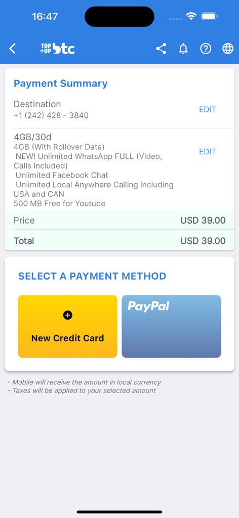 Topup BTC - Payment checkout screen in the Topup BTC app showing plan summary and options for credit card or PayPal payment.