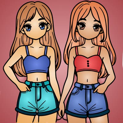 two sisters with crop tops and jean shorts and straight hair