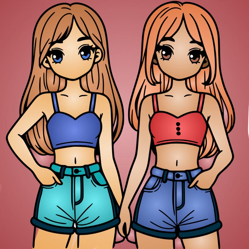 two sisters with crop tops and jean shorts and straight hair