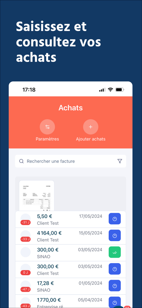 Sinao - Sinao app interface for tracking business expenses and managing purchase invoices