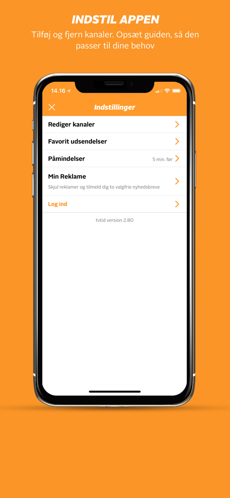 tvtid – Dansk Tv-guide - Settings menu of the tvtid Danish TV guide app showing options to edit channels and set reminders