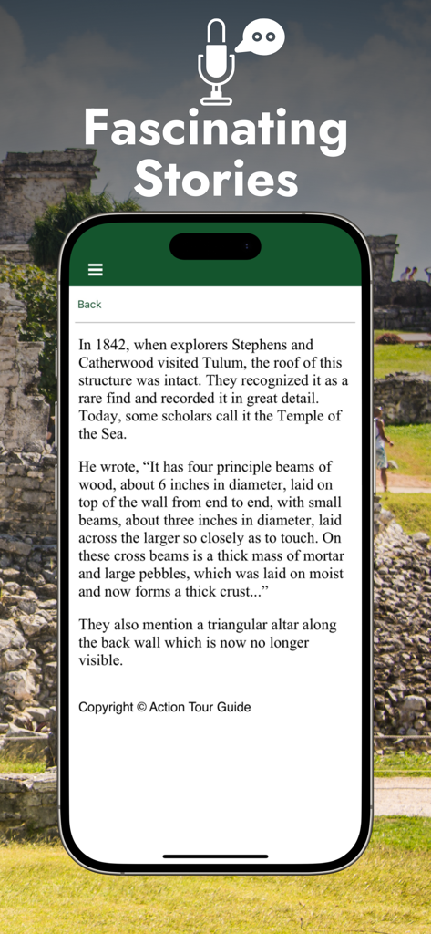 Smartphone displaying a historical description of the Tulum Ruins with the header Fascinating Stories