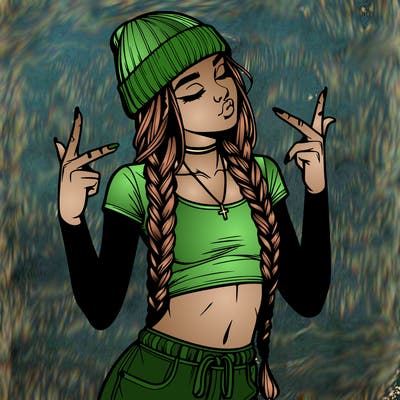 realistic teenage girl with braids and a beanie and crop top doing 🫶🏼