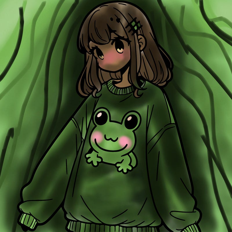 girl wearing frogging sweatshirt