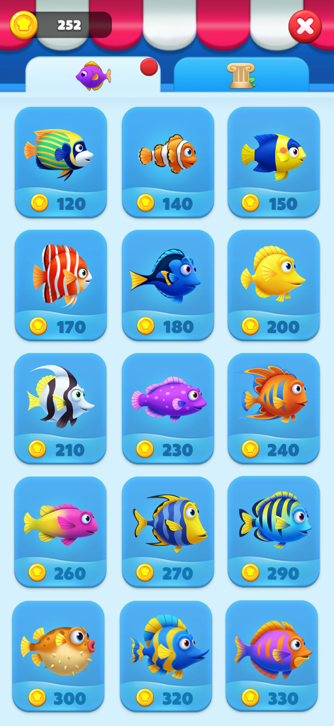 Merge Ocean - Cooking & Decor - A store interface displaying various colorful tropical fish to unlock in Merge Ocean