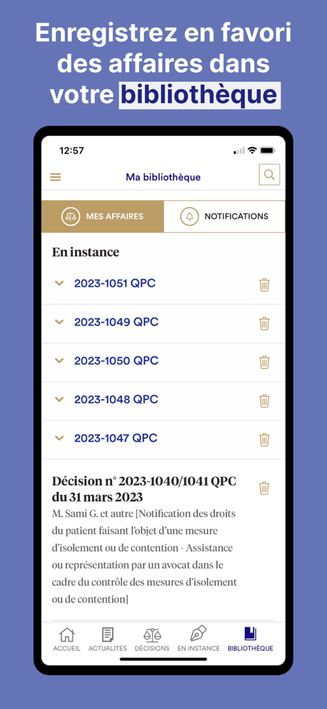 Conseil constitutionnel - CConstit app interface showing the personal library section with saved legal cases and pending constitutional matters