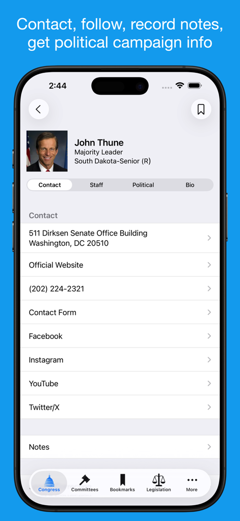 Congress Pro - Congress Pro app screen showing contact details and social media links for Senator John Thune