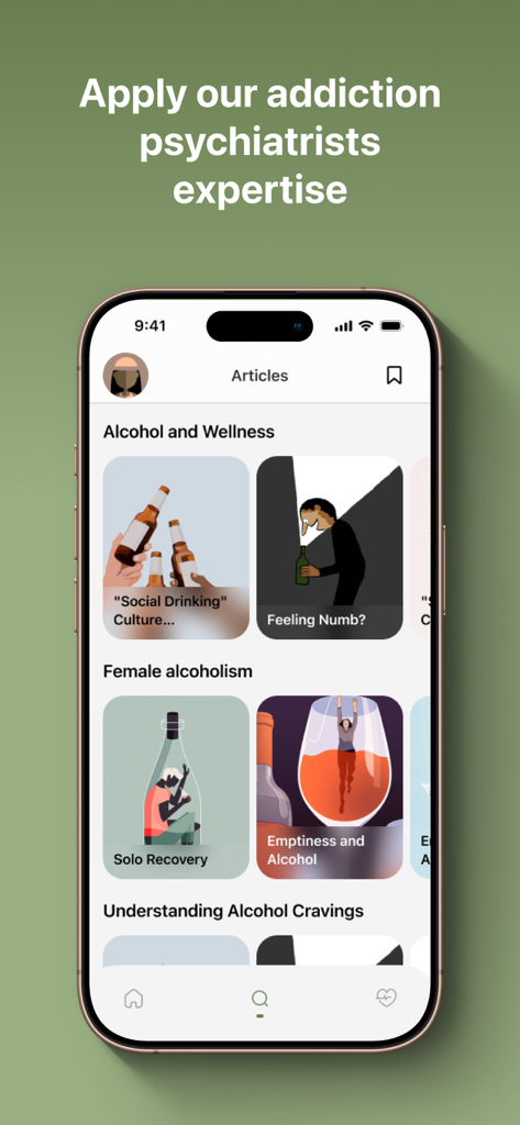 ALCOntrol - Alcohol Tracker - ALCOntrol 앱 인터페이스, 알코올 웰빙 및 중독 회복에 관한 임상 기사 라이브러리 표시